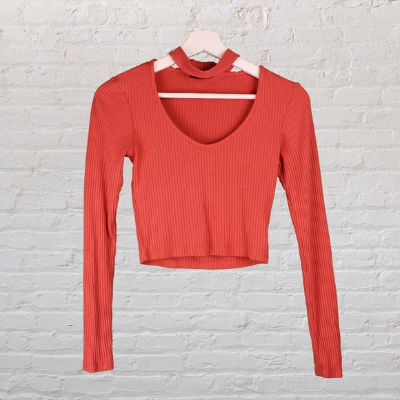 Topshop Red Long Sleeve Choker Collar Top - Picture 2 of 4